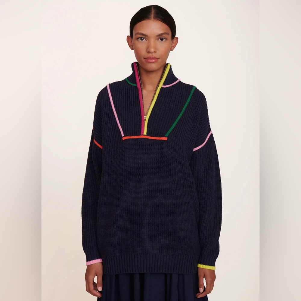 STAUD Navy Ribbed Half-Zip Sweater with Neon Trim